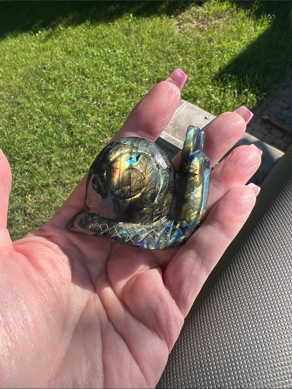 Handheld Labradorite Snail Figurine - Iridescent Blue-Green